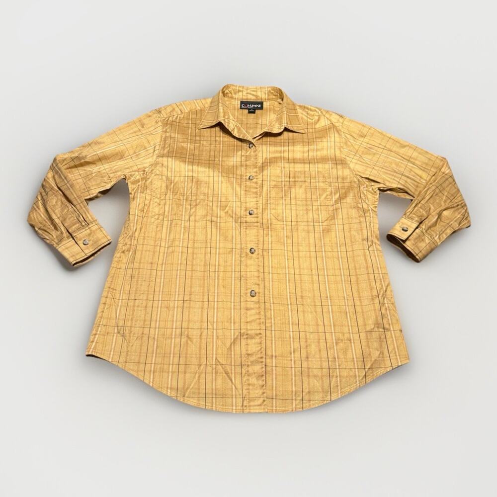 Vtg Ellen Tracy Womens Button Down Silk Blouse Shacket NYE Gold Plaid Shiny 12